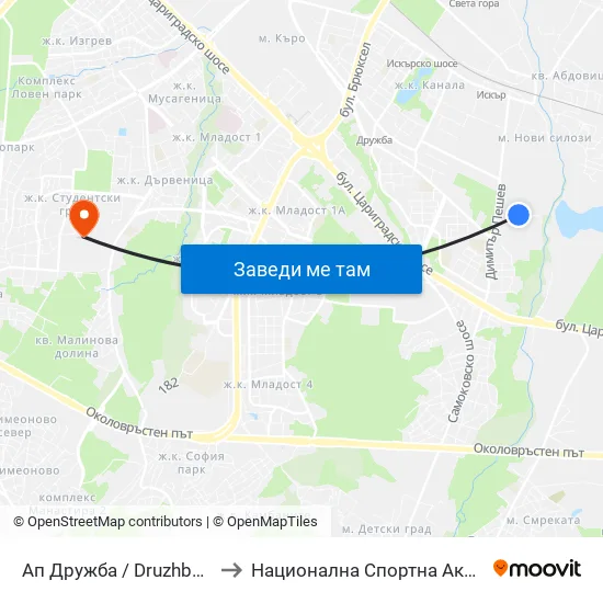 Ап Дружба / Druzhba Bus Depot (0078) to Национална Спортна Академия Васил Левски map