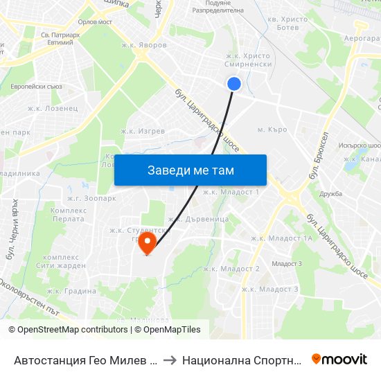 Автостанция Гео Милев / Geo Milev Bus Station (0052) to Национална Спортна Академия Васил Левски map