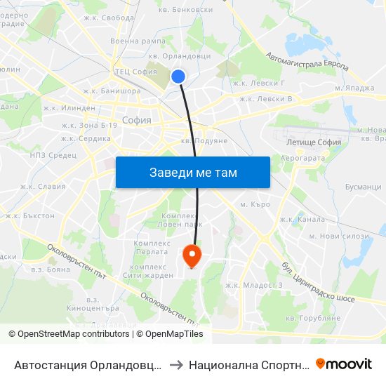Автостанция Орландовци / Orlandovtsi Bus Station (0063) to Национална Спортна Академия Васил Левски map