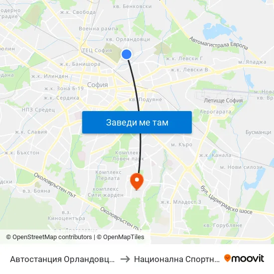 🚌 Автостанция Орландовци / Orlandovtsi Bus Station (0062) to Национална Спортна Академия Васил Левски map