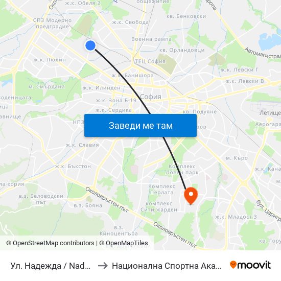 Ул. Надежда / Nadezhda St. (2051) to Национална Спортна Академия Васил Левски map