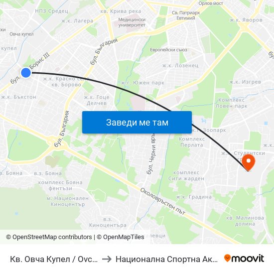 Кв. Овча Купел / Ovcha Kupel Qr. (0879) to Национална Спортна Академия Васил Левски map