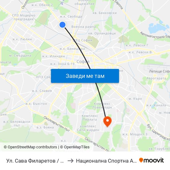 Ул. Сава Филаретов / Sava Filaretov St. (2811) to Национална Спортна Академия Васил Левски map