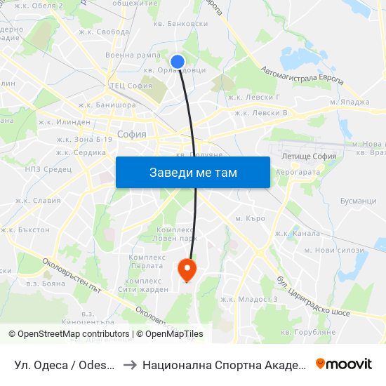 Ул. Одеса / Odessa St. (2355) to Национална Спортна Академия Васил Левски map