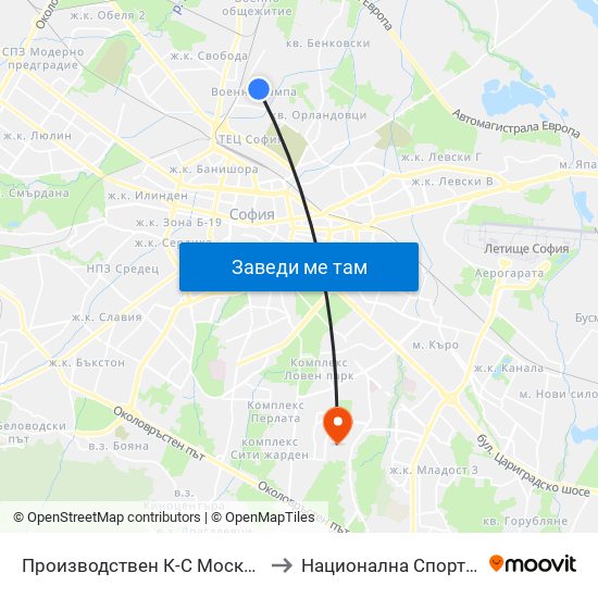 Производствен К-С Москва / Moskva Industrial Complex (0538) to Национална Спортна Академия Васил Левски map