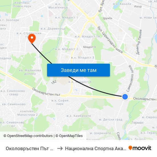 Околовръстен Път / Ring Road (1174) to Национална Спортна Академия Васил Левски map