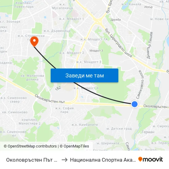 Околовръстен Път / Ring Road (1174) to Национална Спортна Академия Васил Левски map