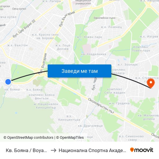 Кв. Бояна / Boyana Qr. (0807) to Национална Спортна Академия Васил Левски map