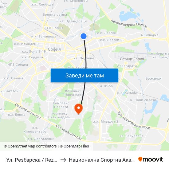 Ул. Резбарска / Rezbarska St. (2155) to Национална Спортна Академия Васил Левски map