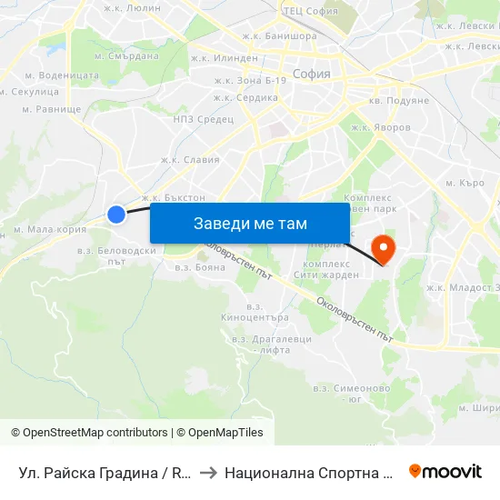 Ул. Райска Градина / Rayska Gradina St. (2261) to Национална Спортна Академия Васил Левски map
