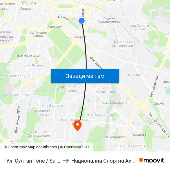Ул. Султан Тепе / Sultan Tepe St. (2195) to Национална Спортна Академия Васил Левски map