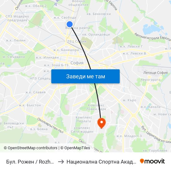 Бул. Рожен / Rozhen Blvd. (0546) to Национална Спортна Академия Васил Левски map