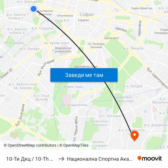10-Ти Дкц / 10-Th Polyclinic (1166) to Национална Спортна Академия Васил Левски map