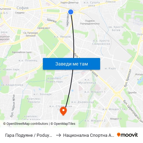 Гара Подуяне / Poduyane Train Station (0469) to Национална Спортна Академия Васил Левски map