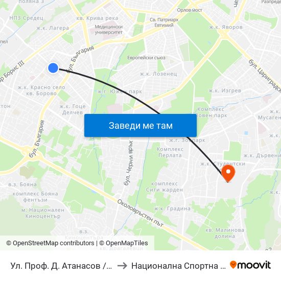 Ул. Проф. Д. Атанасов / Prof. D. Atanasov St. (2134) to Национална Спортна Академия Васил Левски map