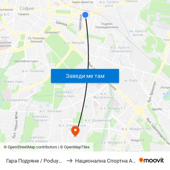 Гара Подуяне / Poduyane Train Station (0468) to Национална Спортна Академия Васил Левски map