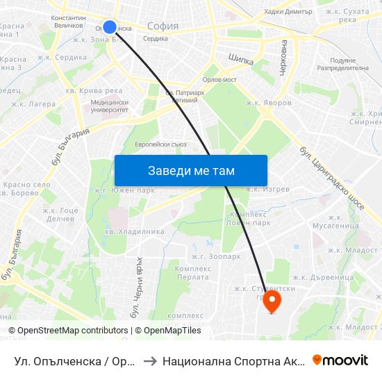 Ул. Опълченска / Opalchenska St. (2084) to Национална Спортна Академия Васил Левски map