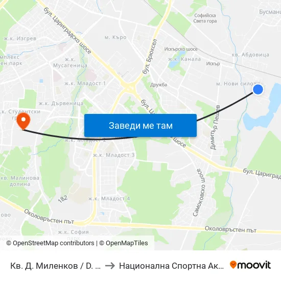 Кв. Д. Миленков / D. Milenkov Qr. (0833) to Национална Спортна Академия Васил Левски map
