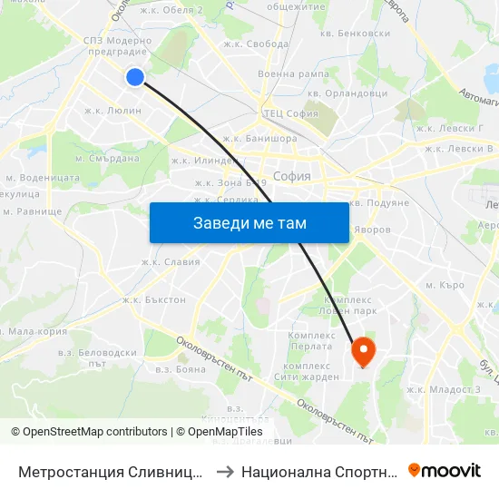 Ⓜ️ Метростанция Сливница / Slivnitsa Metro Station (1062) to Национална Спортна Академия Васил Левски map