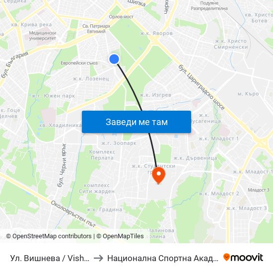 Ул. Вишнева / Vishneva St. (1879) to Национална Спортна Академия Васил Левски map