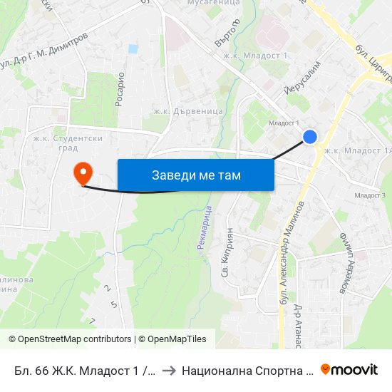 Бл. 66 Ж.К. Младост 1 / Bl. 66, Mladost 1 Qr (0246) to Национална Спортна Академия Васил Левски map