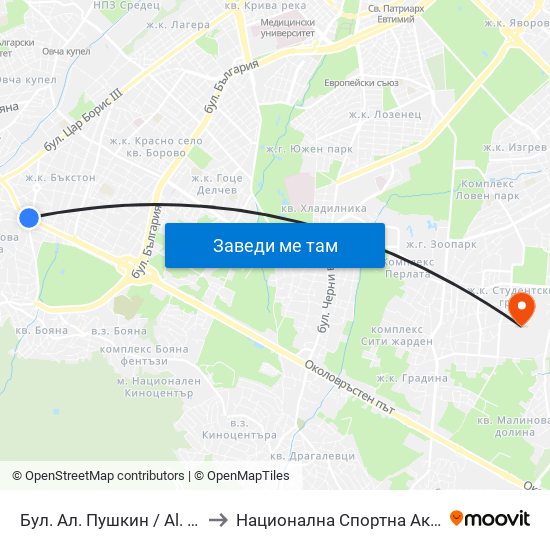 Бул. Ал. Пушкин / Al. Pushkin Blvd. (0277) to Национална Спортна Академия Васил Левски map