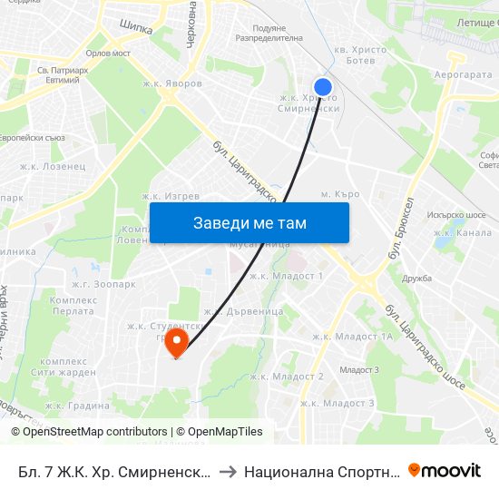Бл. 7 Ж.К. Хр. Смирненски / Bl. 7, Hr. Smirnenski Qr. (0250) to Национална Спортна Академия Васил Левски map