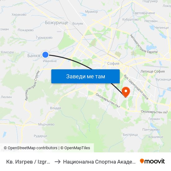 Кв. Изгрев / Izgrev Qr. (0845) to Национална Спортна Академия Васил Левски map