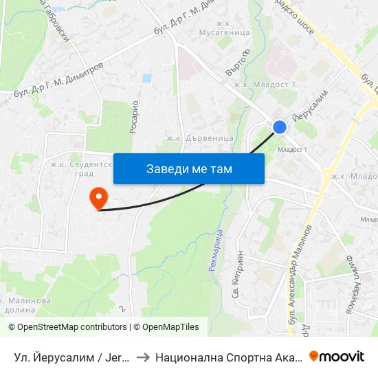 Ул. Йерусалим / Jerusalem St. (2471) to Национална Спортна Академия Васил Левски map