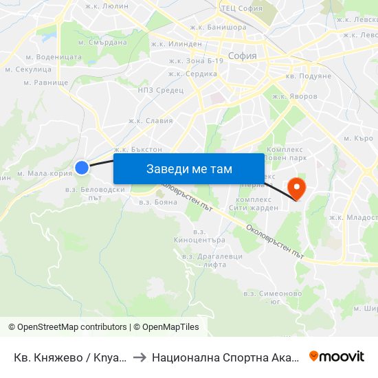 Кв. Княжево / Knyazhevo Qr. (0852) to Национална Спортна Академия Васил Левски map