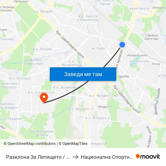 Разклона За Летището / Fork Road To Sofia Airport (1455) to Национална Спортна Академия Васил Левски map