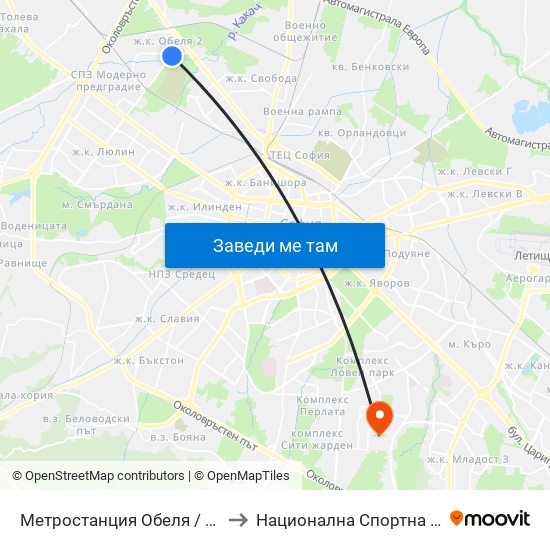 Метростанция Обеля / Obelya Metro Station (6240) to Национална Спортна Академия Васил Левски map