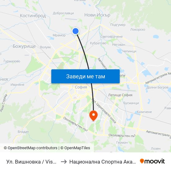 Ул. Вишновка / Vishnovka St. (2632) to Национална Спортна Академия Васил Левски map