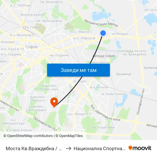Моста Кв.Враждебна / Vrazhdebna Qr. Bridge (1093) to Национална Спортна Академия Васил Левски map