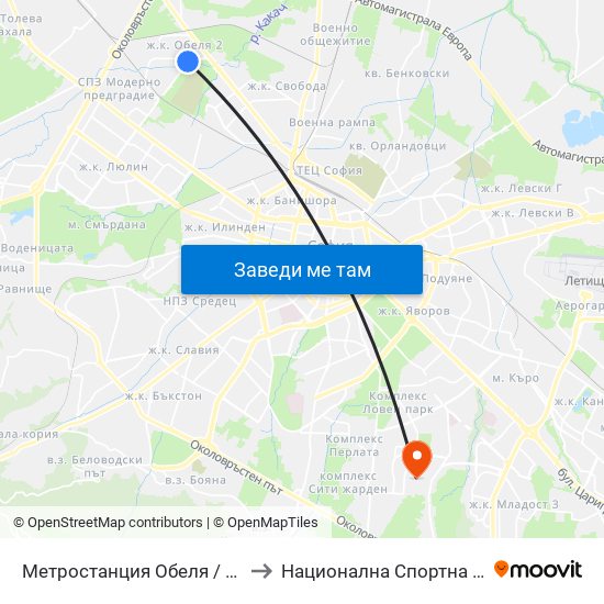 Метростанция Обеля / Obelya Metro Station (6241) to Национална Спортна Академия Васил Левски map