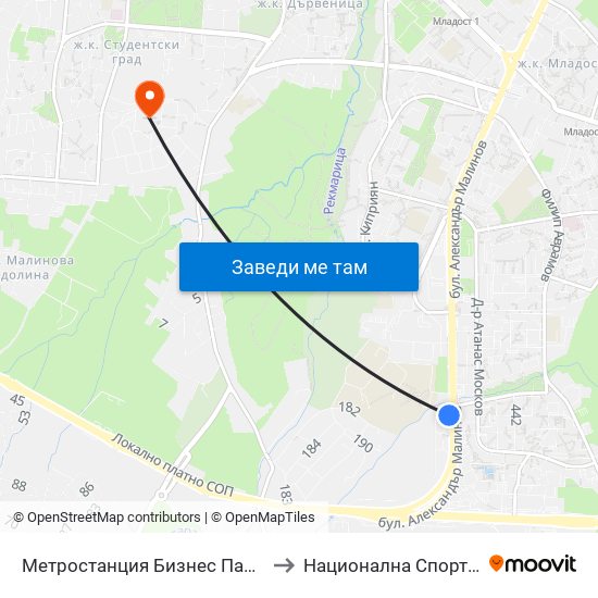 Метростанция Бизнес Парк / Business Park Metro Station (2490) to Национална Спортна Академия Васил Левски map