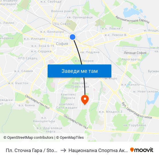 Пл. Сточна Гара / Stochna Gara Sq. (1315) to Национална Спортна Академия Васил Левски map