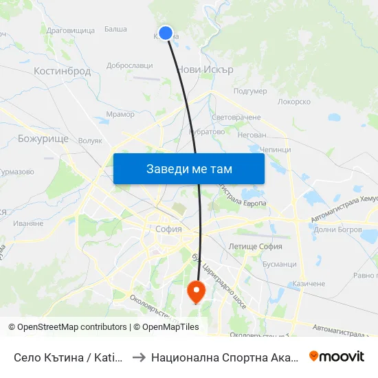 Село Кътина / Katina Village (1545) to Национална Спортна Академия Васил Левски map