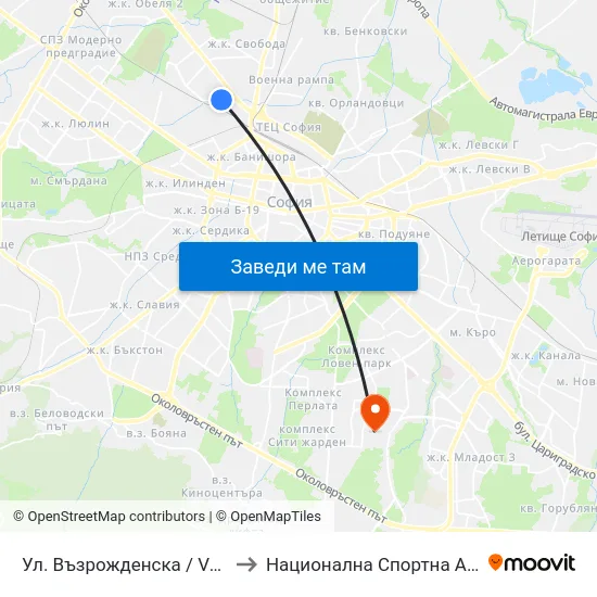 Ул. Възрожденска / Vazrozhdenska St. (1884) to Национална Спортна Академия Васил Левски map