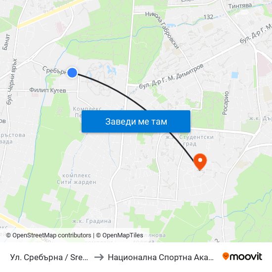 Ул. Сребърна / Srebarna St. (0976) to Национална Спортна Академия Васил Левски map