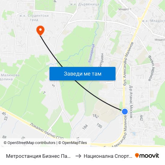 Метростанция Бизнес Парк / Business Park Metro Station (2373) to Национална Спортна Академия Васил Левски map