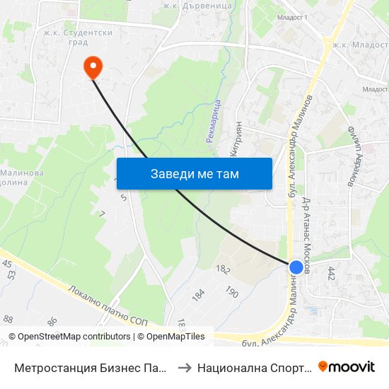 Метростанция Бизнес Парк / Business Park Metro Station (2374) to Национална Спортна Академия Васил Левски map