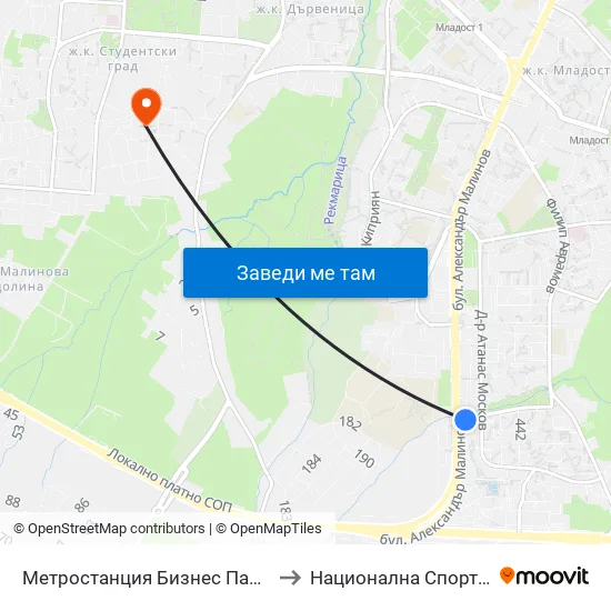 Ⓜ️ Метростанция Бизнес Парк / Business Park Metro Station (2374) to Национална Спортна Академия Васил Левски map