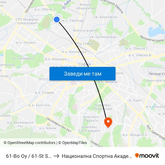 61-Во Оу / 61-St School (2278) to Национална Спортна Академия Васил Левски map