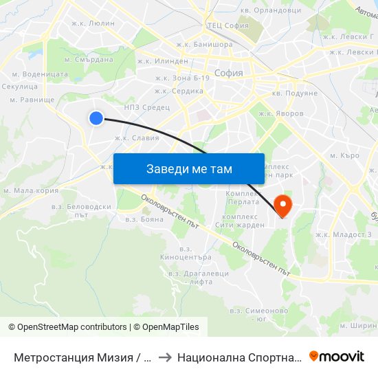 Метростанция Мизия / Moesia Metro Station (0813) to Национална Спортна Академия Васил Левски map