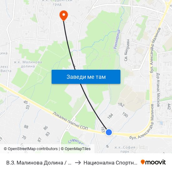 В.З. Малинова Долина / Malinova Dolina Villa Zone (1374) to Национална Спортна Академия Васил Левски map