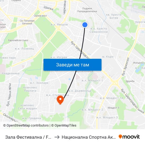 Зала Фестивална / Festivalna Hall (0729) to Национална Спортна Академия Васил Левски map