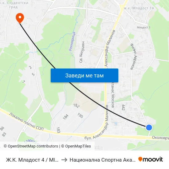 Ж.К. Младост 4 / Mladost 4 Qr. (6758) to Национална Спортна Академия Васил Левски map