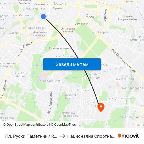Пл. Руски Паметник / Russian Monument Sq. (1298) to Национална Спортна Академия Васил Левски map