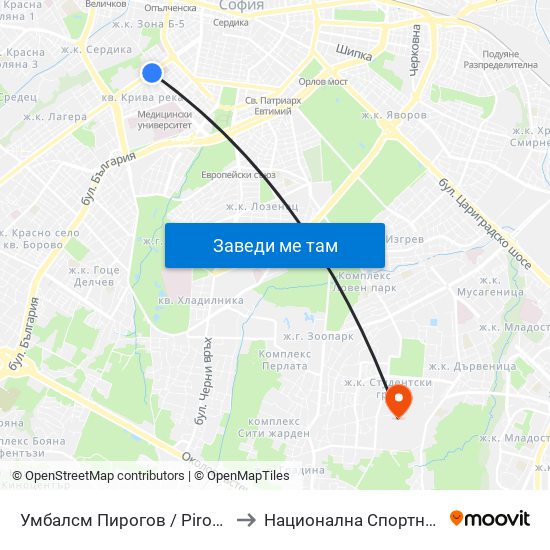 Умбалсм Пирогов / Pirogov Emergency Hospital (0758) to Национална Спортна Академия Васил Левски map